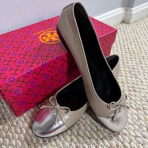 Tory Burch Cap Toe Silver Metallic Leather Ballet Flats